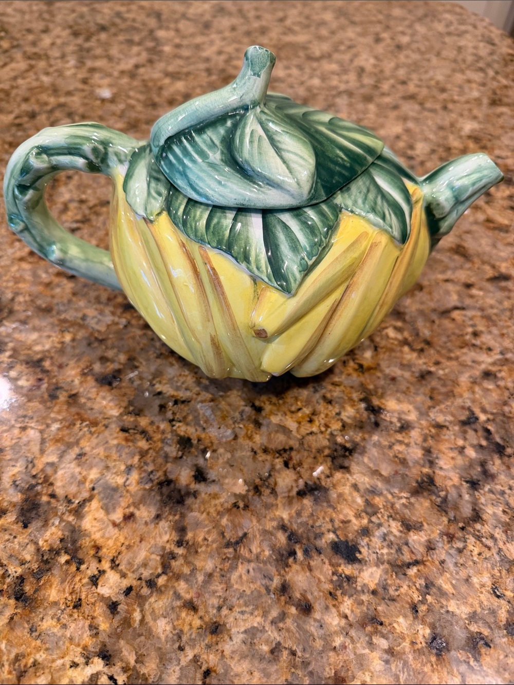 Hand-Painted Yellow & Green Ceramic Teapot - Leaf Design